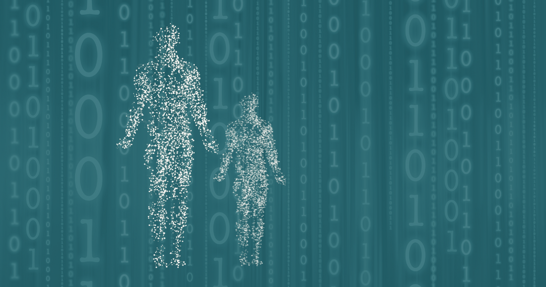 Two human silhouettes composed of small white dots stand side by side against a dark background filled with vertical streams of binary code, evoking a digital, futuristic theme.