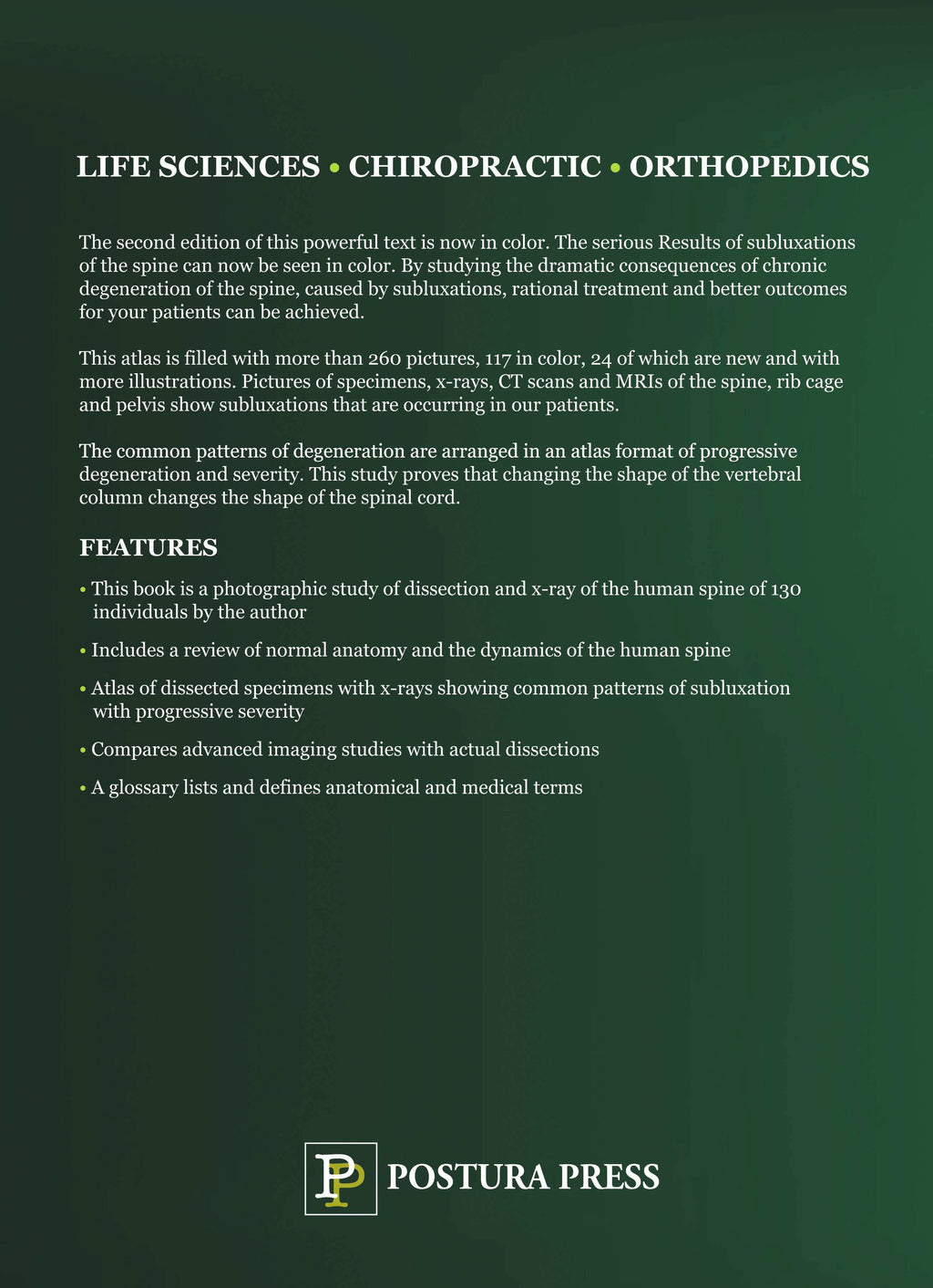 English back cover of the book "Atlas of Common Subluxations of the Human Spine and Pelvis (2nd Edition)" by Dr. William Ruch