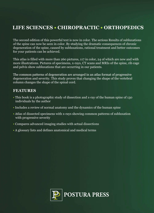 English back cover of the book "Atlas of Common Subluxations of the Human Spine and Pelvis (2nd Edition)" by Dr. William Ruch